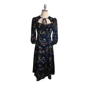 Commense Dress Women's Size Small Navy Blue Roses Floral Zip Up Long Sleeve